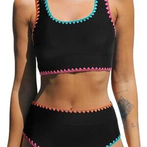 CUPSHE Women's Sz Lrg 2 piece scoop neck 2 Piece midkini stitching Black NWT